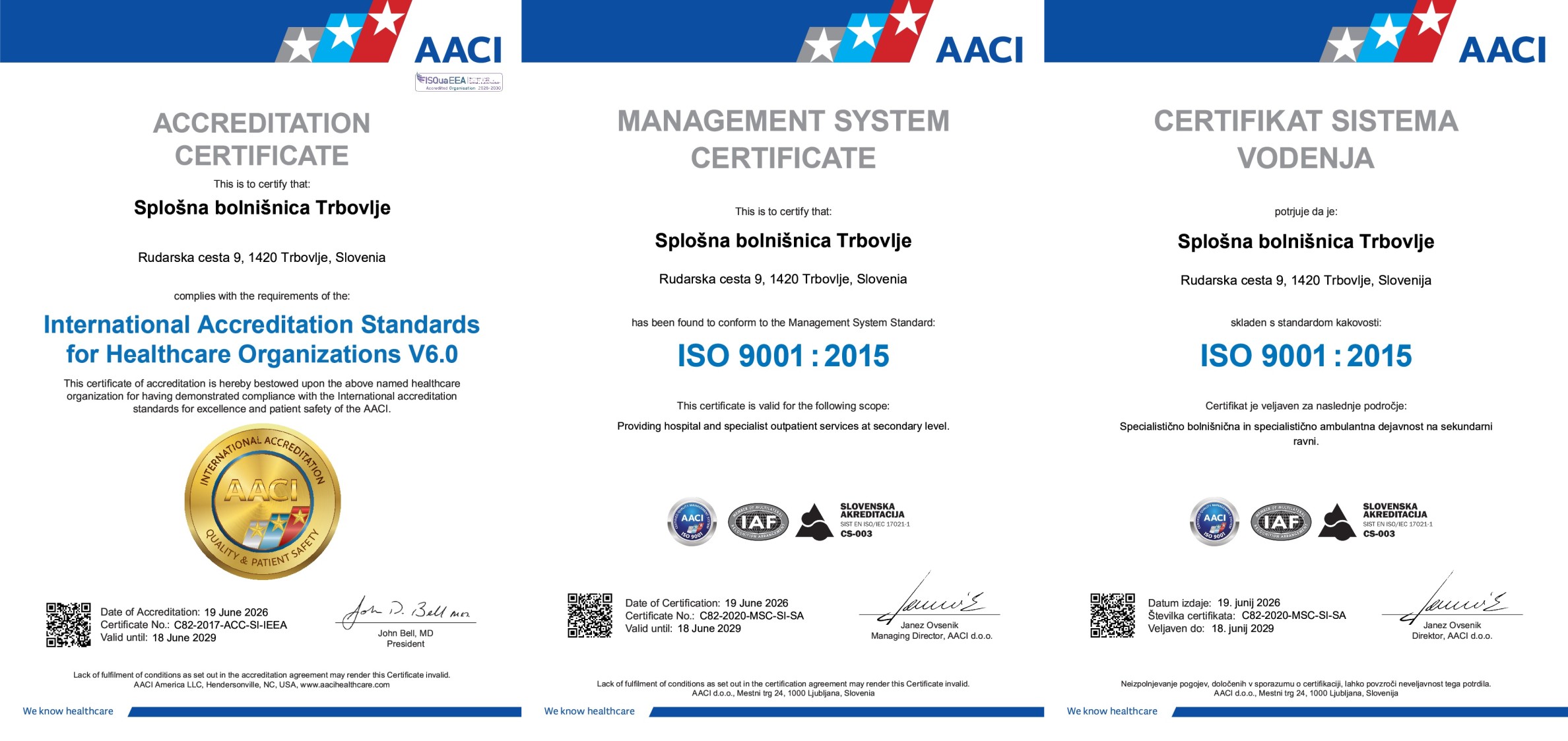 trije certifikati kakovosti in akreditacije Splošne bolnišnice Trbovlje