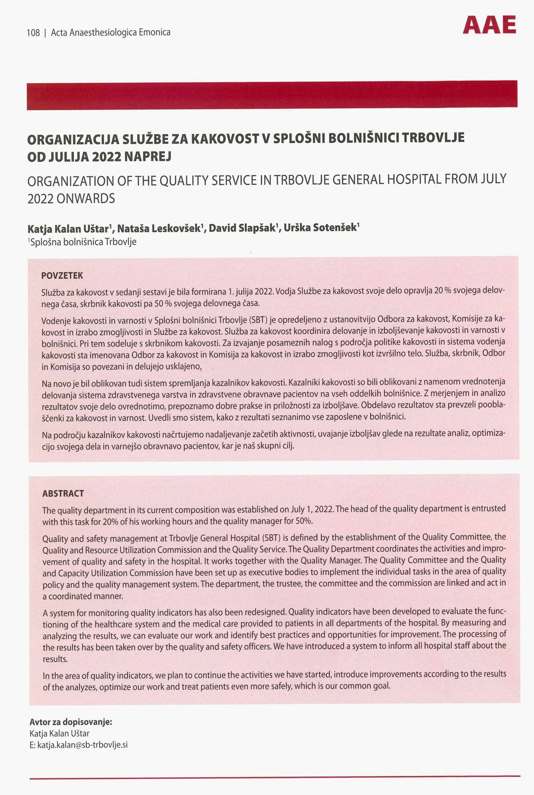 članek o organizaciji službe za kakovost v splošni bolnišnici